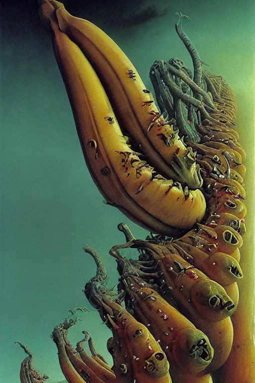 Image similar to cosmic horrors on my giant banana, close up of a banana, by zdzislaw beksinski, by dariusz zawadzki, by wayne barlowe, gothic, surrealism, cosmic horror, lovecraftian, cold hue's, warm tone gradient background, concept art, beautiful composition