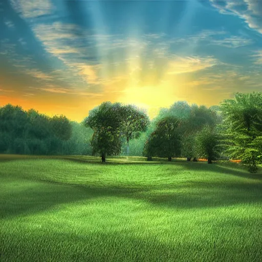 Prompt: peaceful land green grass blue skies at dawn illuminated realistic digital art