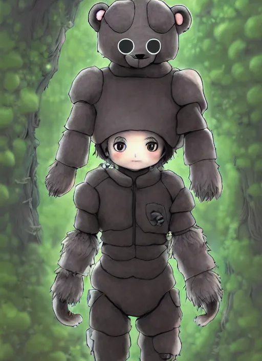 Image similar to beautiful little boy wearing an cyborg bear suit, artwork in kentaro miura and made in abyss and rosdraws, smooth, beautiful lightness, anatomically correct, trending on pixiv, forest