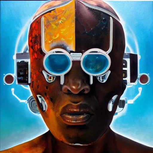 Image similar to a realistic oil painting of a black man as a cybernetic cyborg, surrealism portrait, surrealism album cover