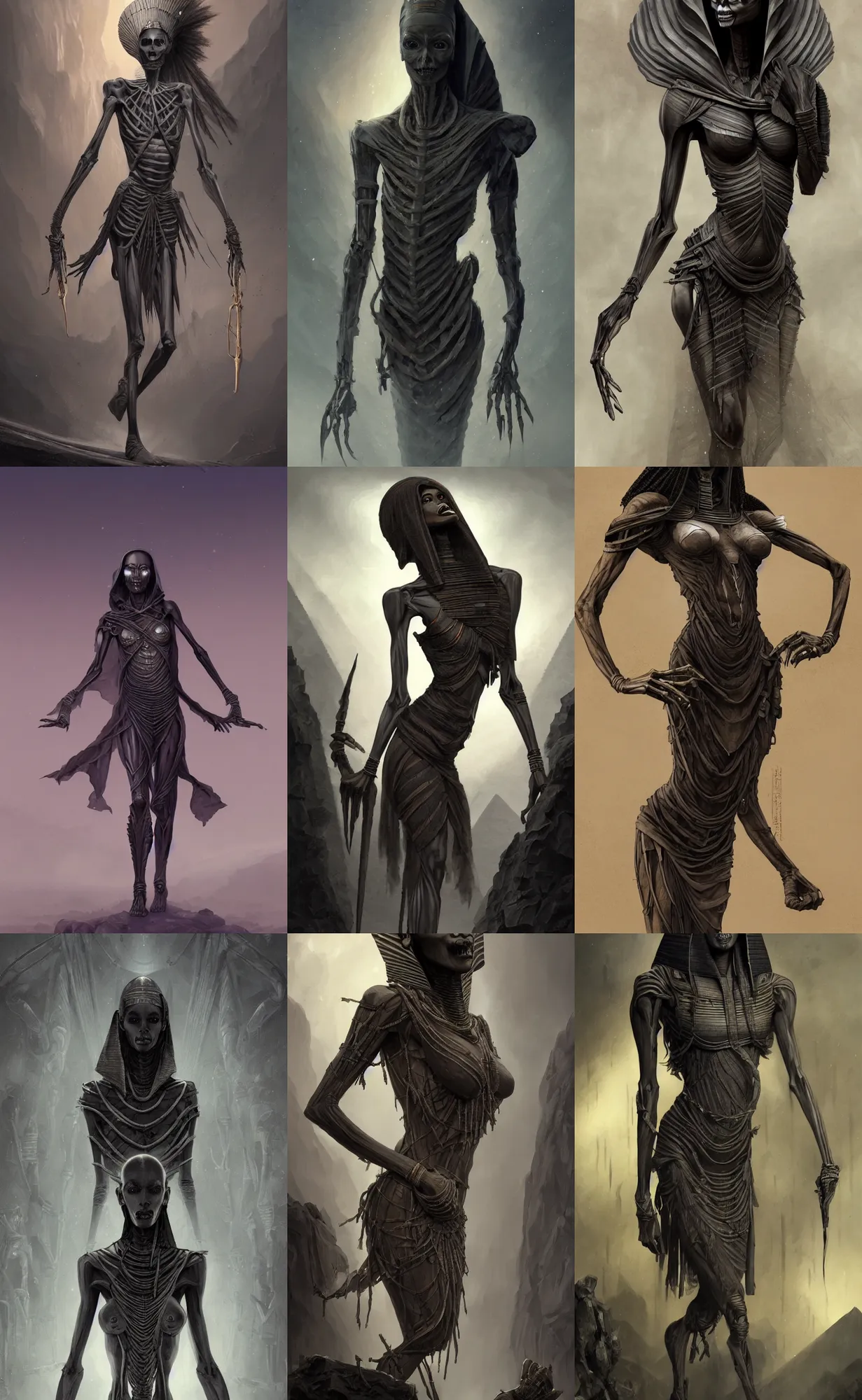 Prompt: dark grey skin, thin skeleton, egyptian mummy queen, full body shot, cold mist black background, highly detailed, digital painting, artstation, concept art, sharp focus, illustration, orientalism, art by aleksi briclot and mohrbacher and raphael lacoste and magali villeneuve
