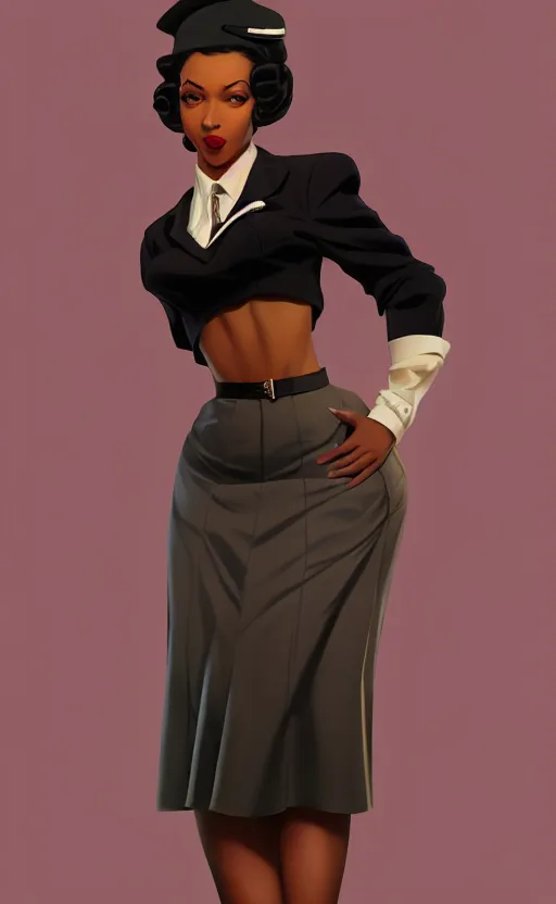 Prompt: a beautiful black femme fatale woman wearing a 1 9 4 0 s skirt, silk stockings, and padded shoulders jacket, anime. realistic shaded lighting by ilya kuvshinov giuseppe dangelico pino and michael garmash and rob rey, 8 k