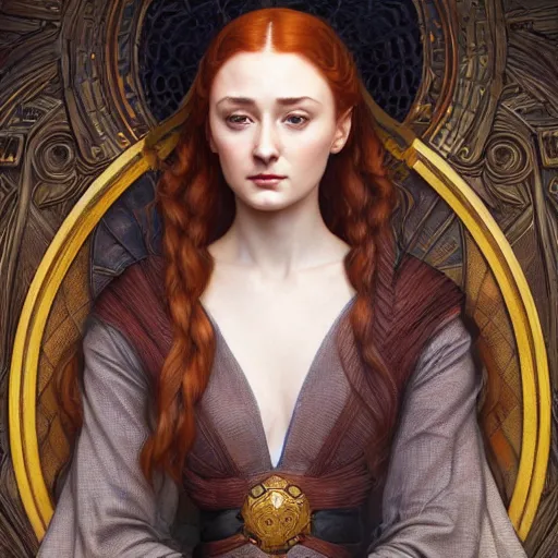 Image similar to portrait of sansa stark queen, intricate, elegant, highly detailed, digital painting, artstation, concept art, smooth, sharp focus, illustration, art by artgerm and greg rutkowski and alphonse mucha and william - adolphe bouguereau