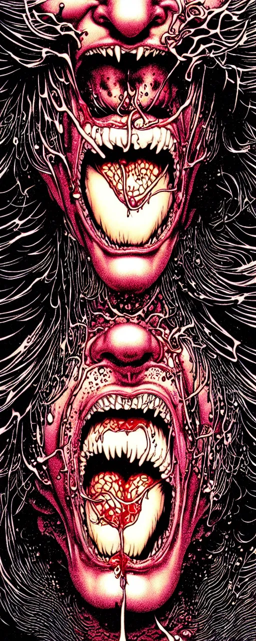 Image similar to closeup of face melting in agony with tongue, by yoichi hatakenaka, masamune shirow, josan gonzales and dan mumford, ayami kojima, takato yamamoto