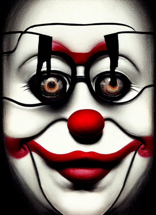 Image similar to polaroid selfie of clown influencer, diaphanous, render, octane, detailed, award winning photography, masterpiece, dark backround, highly detailed, digital illustration, trending in artstation, modern painting, smooth, sharp focus, intricate