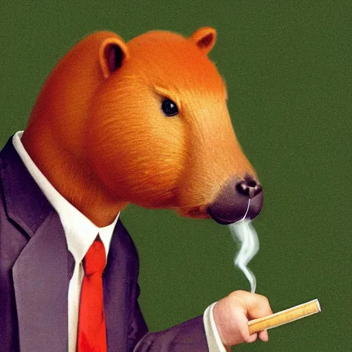 Image similar to a high detail photo of an antropomorphic capybara wearing a suit smoking a cigarrette, subject= duck, subject detail: wearing a suit, subject action: smoking a cigarrette photorealism