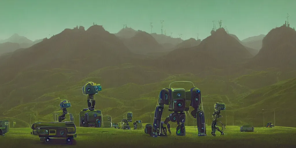 Image similar to green mountains with robots in the middle, by simon stalenhag