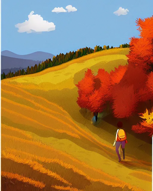 Prompt: autumn hillside boy hiking illustration detailed, by pedro kruger
