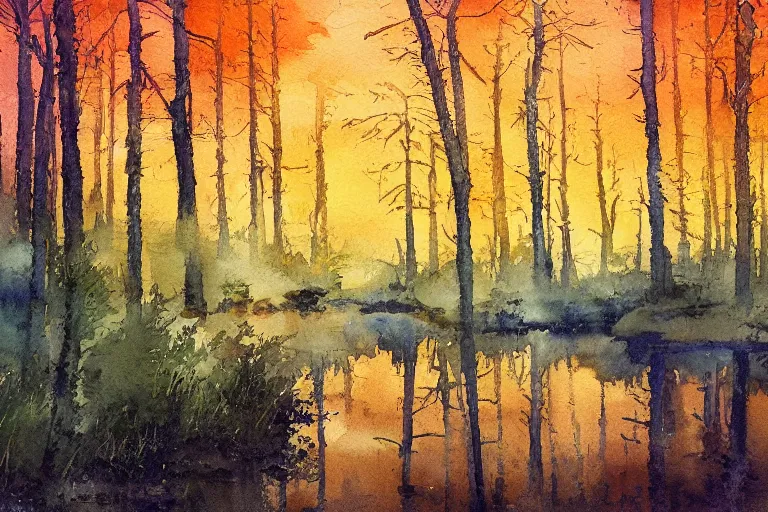 Image similar to small centered on watercolor paper, paint brush strokes, abstract watercolor painting of golden night at mini lake, heavy pine forest, swedish bog, spring and autumn, sharp lighting, cinematic light, american romanticism by hans dahl, by jesper ejsing, by anders zorn, by greg rutkowski, by greg manchess, by tyler edlin