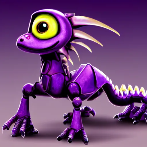 Image similar to very cute small purple robototechnic dragon with well-designed head and four legs, Spyro,Disney, digital art