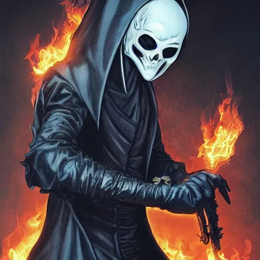 Image similar to ghost rider as a plague doctor with the plague doctor mask half burnt off showing his face, beautiful artwork by artgerm and rutkowski, by akira toriyama, breathtaking, beautifully lit, dramatic lighting, full view