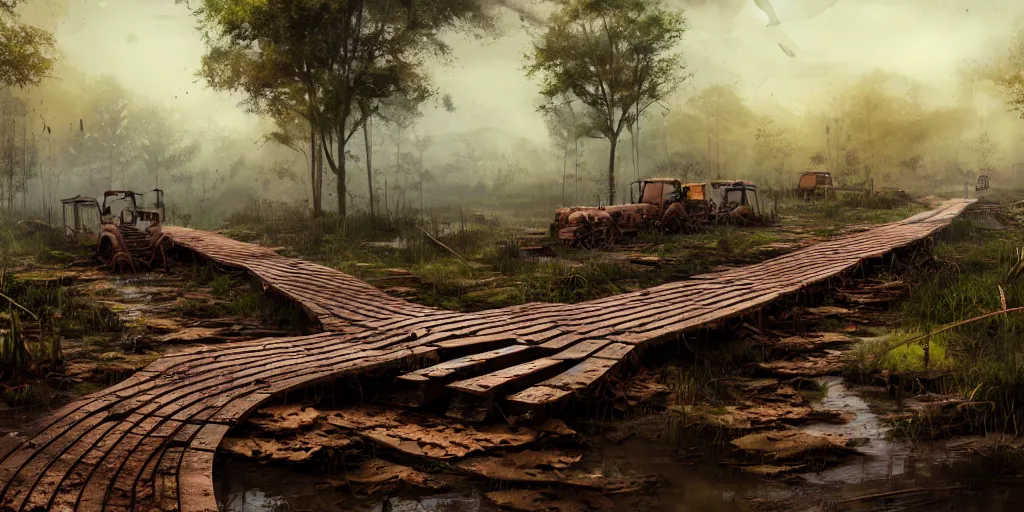 Image similar to A wooden walkway winding through a muddy swamp littered with rusted sumberged cars and vegetation covered construction equipment,, game art matte painting hyperdetailed, artstation, cgsociety, 8k, surreal dream landscape