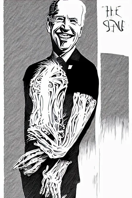 Image similar to Joe Biden full body portrait, body horror, black and white Illustration by Junji Ito