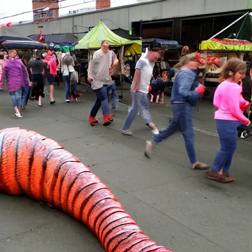Prompt: giant worm attacking a farmers market, crowd fleeing, horror,