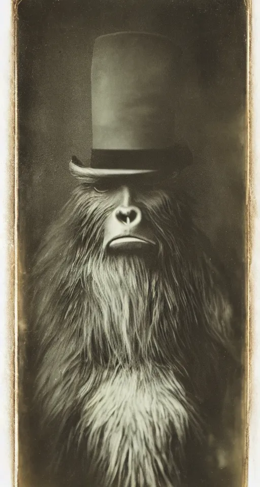 Prompt: a vintage wet plate portrait of a dignified bigfoot with a top hat and cane