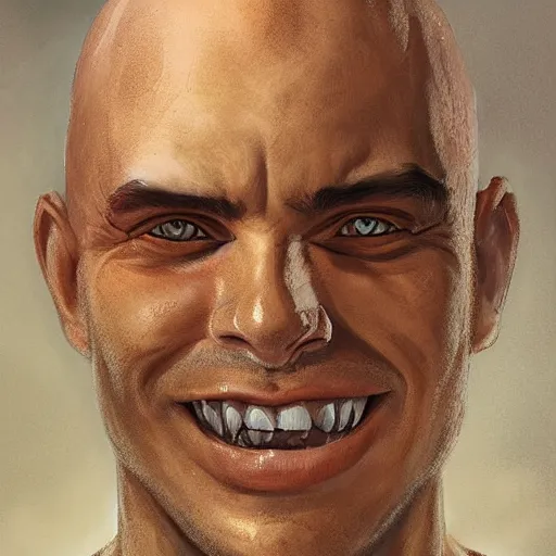 Image similar to a head - on detailed oil portrait of a handsome round - faced bald man with a friendly smile, by charlie bowater, lise deharme, wlop, trending on artstation, dungeon and dragons art, critical role