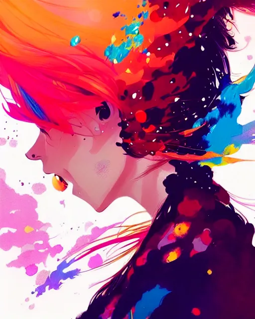 Prompt: a ultradetailed beautiful panting of a woman with a colorful explosion coming out of her hair, by conrad roset, greg rutkowski and makoto shinkai, trending on artstation