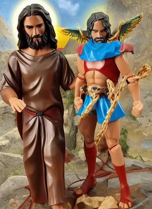 Image similar to Jesus vs the Devil in the flying sandals of salvation action figures toy pack