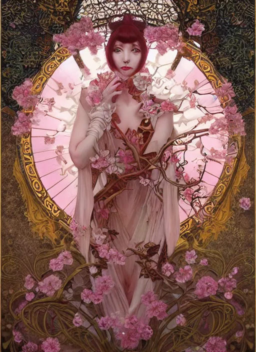 Image similar to a photographic portrait of a anthropomorphic cherry - blossom goddess spirit, fantasy, tarot esoteric, intricate, elegant, highly detailed, digital painting, artstation, concept art, smooth, sharp focus, illustration, art by artgerm and h r giger and alphonse mucha