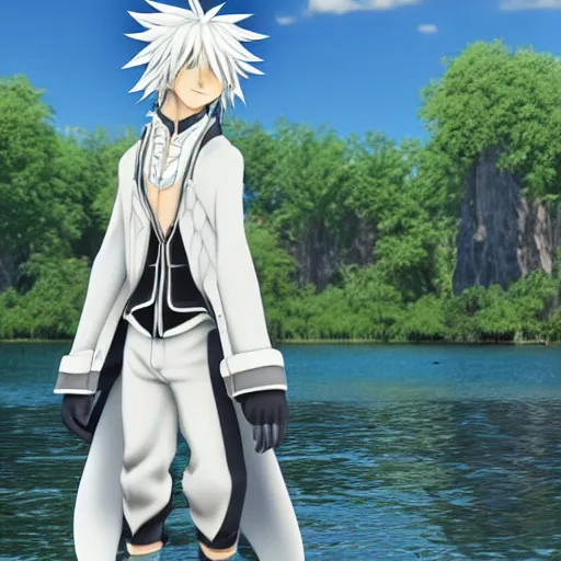 Image similar to a long white haired anime character holding out his hand in front of a body of water, a screenshot by michelangelo, deviantart contest winner, vanitas, official art, unreal engine 5, unreal engine. kingdom hearts opening. sharp focus. highly detailed. masterpiece. anime render. cinematic lighting. lifelike.