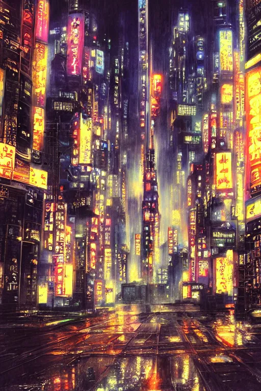 Prompt: neo tokyo in a rainy night, adorned pillars, towers, landscape, alex ross, neal Adams, david finch, concept art, matte painting, highly detailed, rule of thirds, dynamic lighting, cinematic, detailed, denoised, centerd