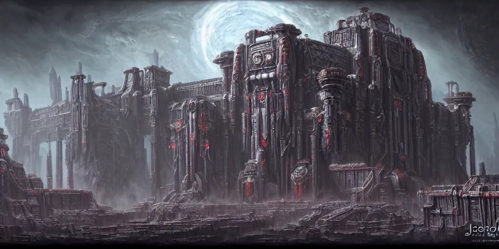 Image similar to a beautiful highly detailed matte painting of a huge ancient alien futuristic brutalist temple, Space Hulk, WarHammer 40k by Jose Daniel Cabrera Pena and Leonid Kozienko, concept art-H 640