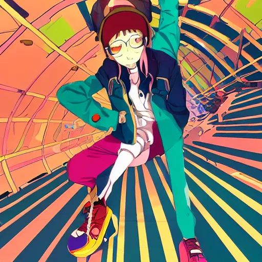 Image similar to anime girl with colorful clothes, eccentric hairstyle, cel - shading, 2 0 0 1 anime, flcl, jet set radio future, golden hour, underground facility, underground tunnel, pipes, rollerbladers, rollerskaters, cel - shaded, jsrf, strong shadows, vivid hues, y 2 k aesthetic