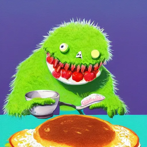 Image similar to a tennis ball monsters eating fluffy pancakes with syrup, colorful, digital art, fantasy, magic, chalk, trending on artstation, ultra detailed, professional illustration by basil gogos