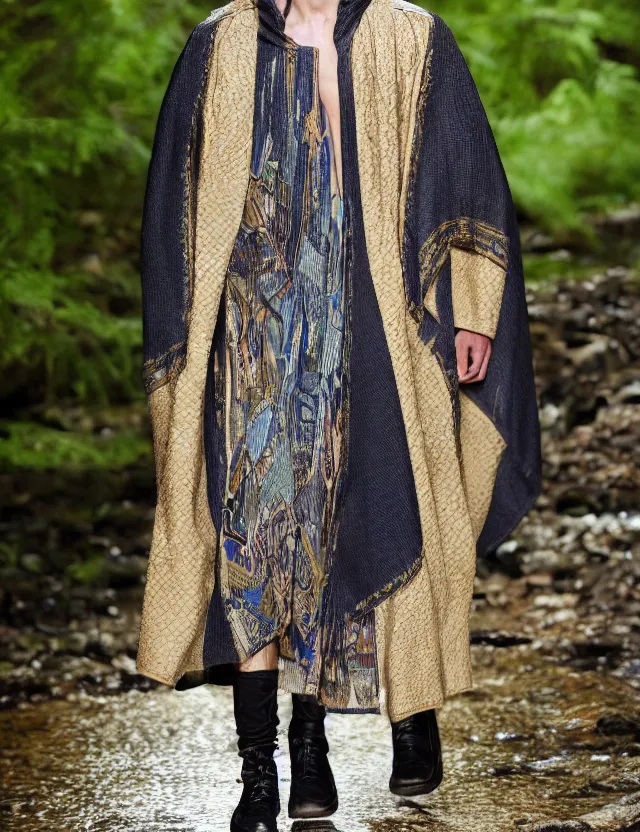 Prompt: longshot modern intricate textile ancient roman toga cloak nature hispanic man chiseled chin walking along small creek river in the woods marc jacobs gucci black blue gold