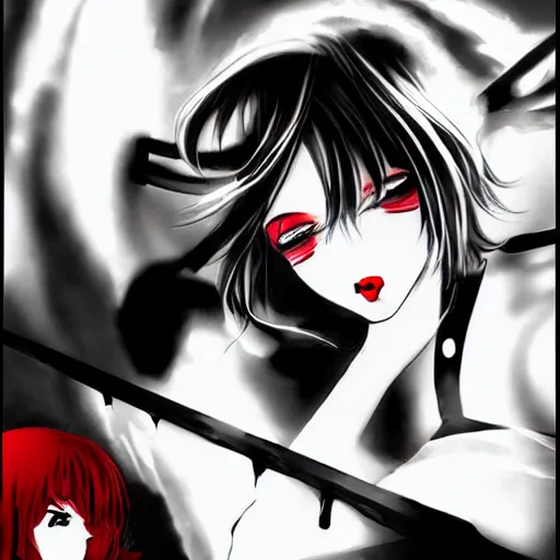 Prompt: anime femme fatale, film noir, black and white and red