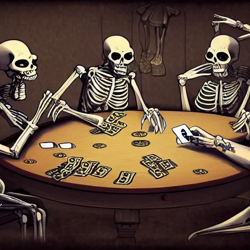 Prompt: a group mafia of skeletons playing cards, gambling, drinking alcohol and smoking around a round table, decade 20s, old film, digital fantasy art, trending in deviantart, hyperdetailed, high quality, cinematic