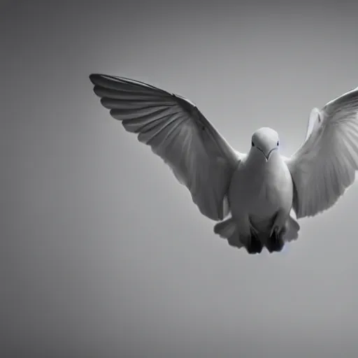 Image similar to a realistic photo of a white dove flying towards the camera, solid black background, high contrast, 8k, film grain, highly detailed, professional photography