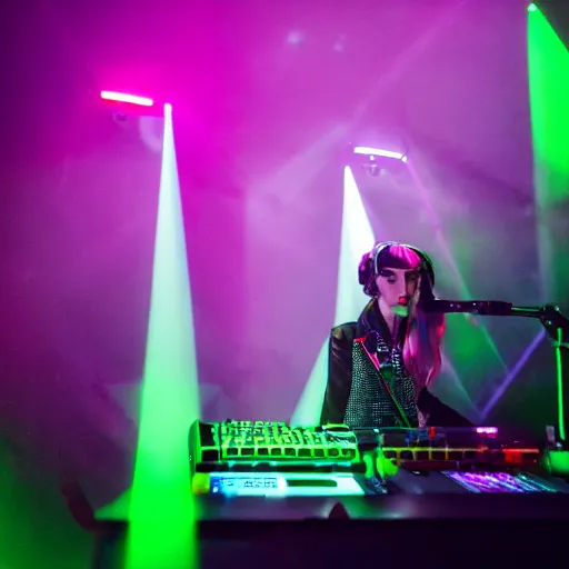 Prompt: A portrait of Grimes on stage DJing, neon lights in the background, volumetric lighting, 35mm photography