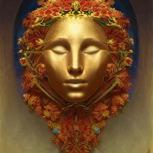 Prompt: masterpiece painting of a facemask made of stylized flowers, by annie swynnerton and jean delville and tino rodriguez, flower mask, symbolist, dramatic lighting, god rays, elaborate geometric ornament, clean crisp graphics, soft cool colors, smooth, sharp focus, extremely detailed