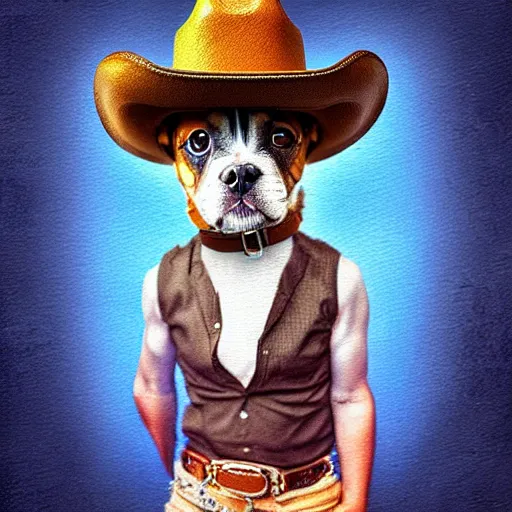 Prompt: a cute dog wearing a cowboy hat,pale colors, google deep dream