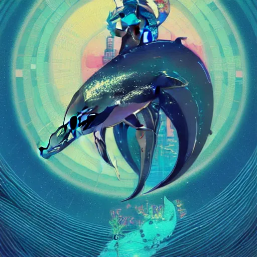 Image similar to a beautiful hyperdetailed character design 4 k wallpaper illustration of a cute dolphin, victo ngai cyberpunk style, from china, style of studio ghibli, makoto shinkai, raphael lacoste, louis comfort tiffany, artgerm, james jean, ross tran, chinese style