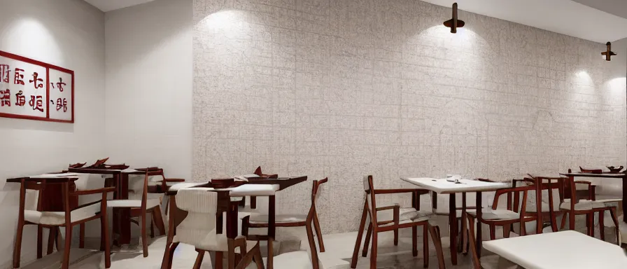 Image similar to a beautiful simple interior render of small roasted string hotpot restaurant restaurant yan'an, wall corner, from china, red paper wall and white tile floor, rectangle white porcelain table, fine simple delicate structure, chinese style, simple composition, simple style structure decoration design, victo ngai, 4 k hd