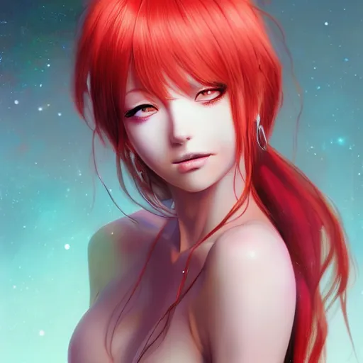 Prompt: A realistic anime painting of a beautiful cosmic woman with glowing red eyes and cosmic skin wearing clothes made of universes, digital painting, by Stanley Artgerm Lau, Sakimichan, WLOP, Makoto Shinkai, Rossdraws, Pixivs, digital painting, trending on Pixiv, SFW version —H 1024