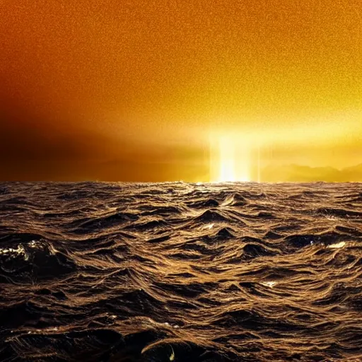 Prompt: the photo shows a large, disk - shaped object hovering in the sky above the ocean waves and mountains. the object appears to be surrounded by a golden bright aura. there is no sign of any engines or propulsion system. the photo was taken by a professional photographer.