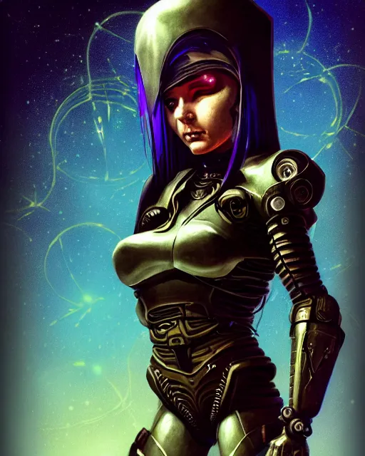 Prompt: a fed up cyber astro goddess like from skyrim and elden ring and grand theft auto and overwatch, character portrait, portrait, close up, concept art, intricate details, extremely detailed, realistic vintage sci - fi poster, in the style of chris foss, rodger dean, moebius, michael whelan, lumi, and gustave dore, bright deep color, wide angle,