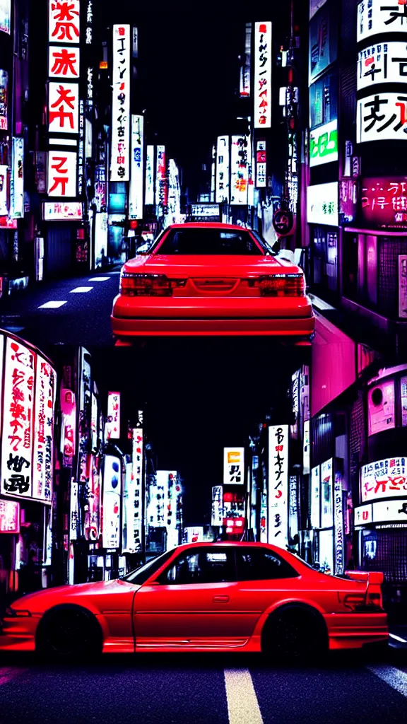 Image similar to a car yakuza spec JZS160 in middle of road, shibuya prefecture, city midnight neon lights, cinematic color, photorealistic, highly detailed