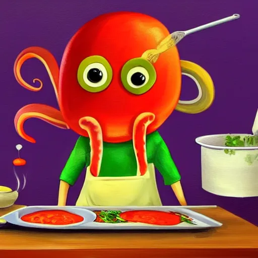 Image similar to anthropomorphic octopus chef cooking a delicious colorful soup, digital painting, youtube video thumbnail