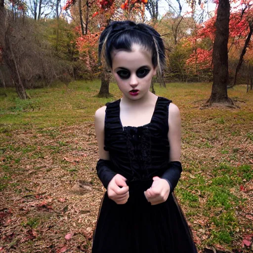 Image similar to goth girl, 7 years old, nature photography