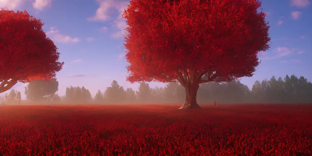 Image similar to a big red tree in the middle of a battlefield near a bunch of red flowers at sunrise, hyperrealistic, concept art, octane render, unreal engine 5, trending on Artstation, high quality, 8K, dramatic lighting, cinematic, high coherence, highly detailed, Midjourney style, epic scene, path traced, low contrast, complementary colors