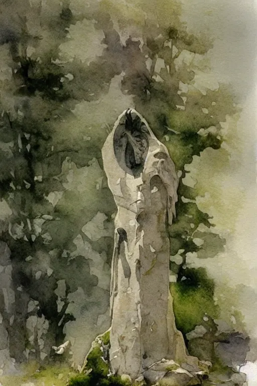 Image similar to abstract watercolor painting of witch god monument, in stone and wood, moss, magical and traditional, cinematic light, national romanticism by anders zorn