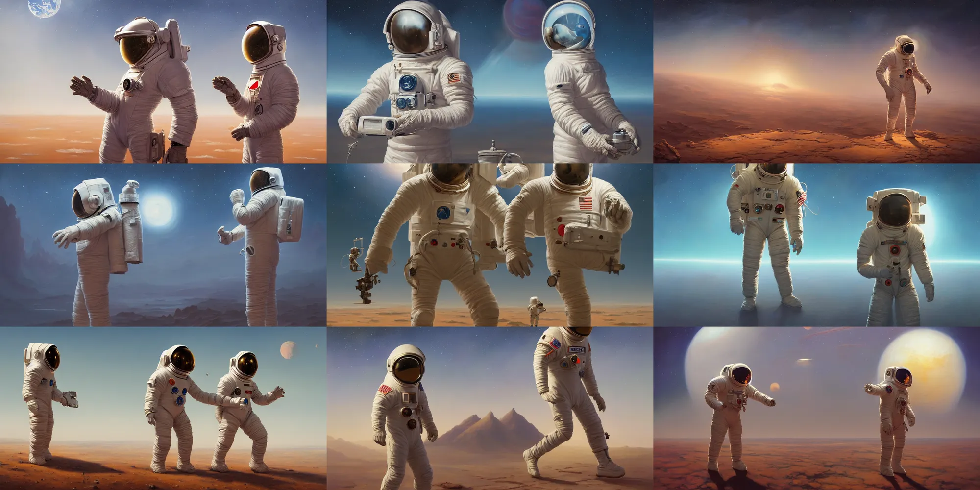 Prompt: a headless astronaut in space suit, holding space helmet in hands, extremely detailed oil painting, unreal 5 render, rhads, Bruce Pennington, tim hildebrandt, digital art, octane render, beautiful composition, trending on artstation, award-winning photograph, masterpiece