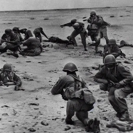 Image similar to ww 2 realistic photo in color beach landing, blood everywhere, explosions