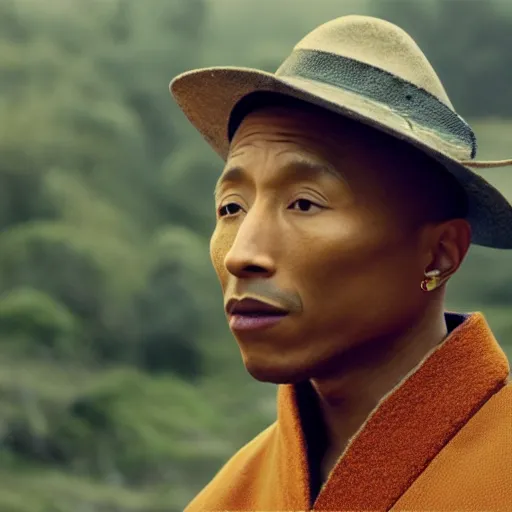 Image similar to cinematic film still Pharrell Williams starring as a Samurai that is on fire, Japanese CGI, VFX, 2003, 40mm lens, shallow depth of field,film photography