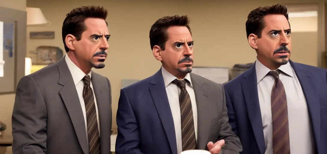 Image similar to a very high resolution image of tony stark with micheal scott. from an episode of the office. photorealistic, photography