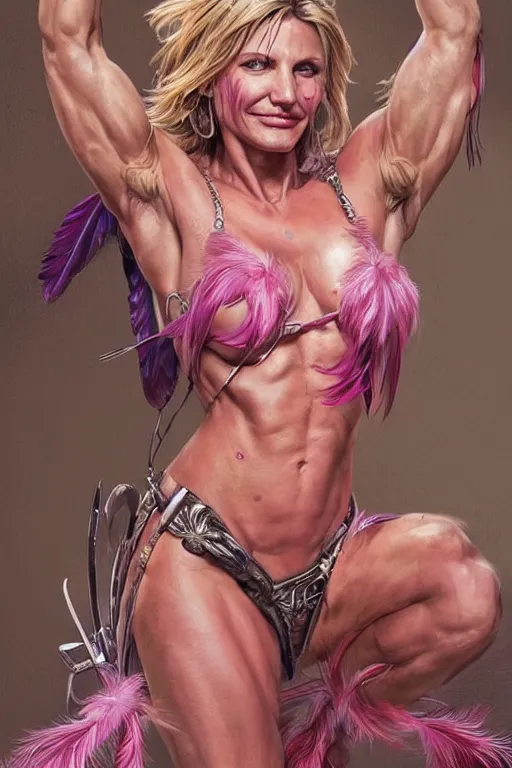 Image similar to muscled Cameron Diaz as a ruggedly handsome hero wearing pink feathers, intricate, elegant, tasteful, highly detailed, centered, digital painting, artstation, concept art, smooth, sharp focus, illustration, art by artgerm and donato giancola and Joseph Christian Leyendecker, WLOP